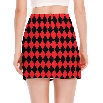 Red And Black Harlequin Pattern Print Side Slit Mini Skirt