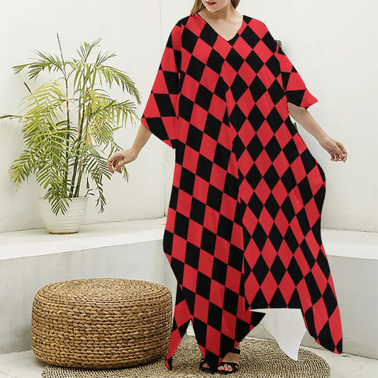 Red And Black Harlequin Pattern Print Silk V-Neck Kaftan Dress