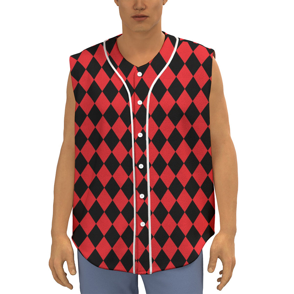 Red And Black Harlequin Pattern Print Sleeveless Baseball Jersey