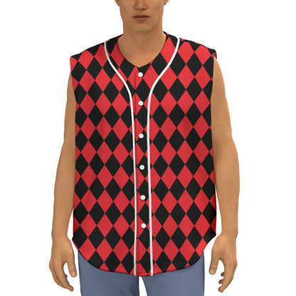 Red And Black Harlequin Pattern Print Sleeveless Baseball Jersey