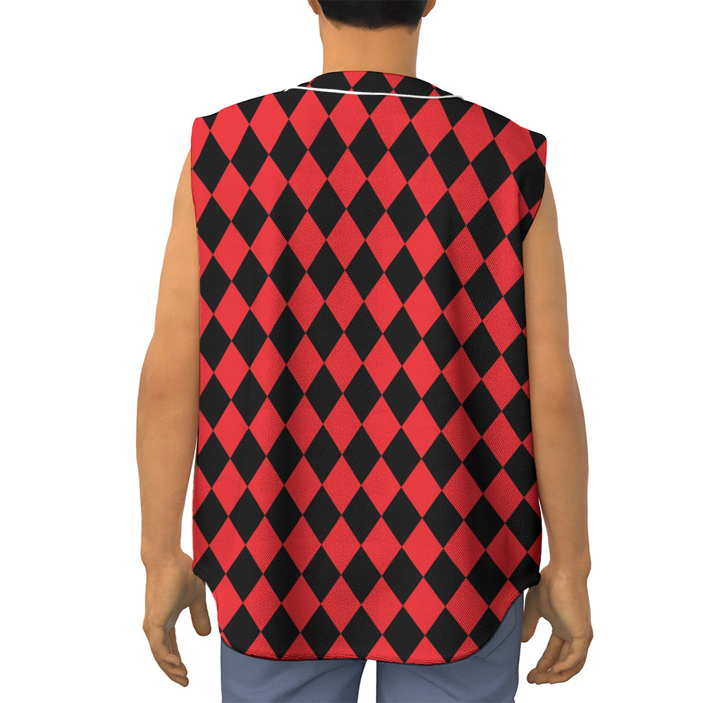 Red And Black Harlequin Pattern Print Sleeveless Baseball Jersey