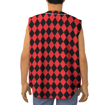 Red And Black Harlequin Pattern Print Sleeveless Baseball Jersey