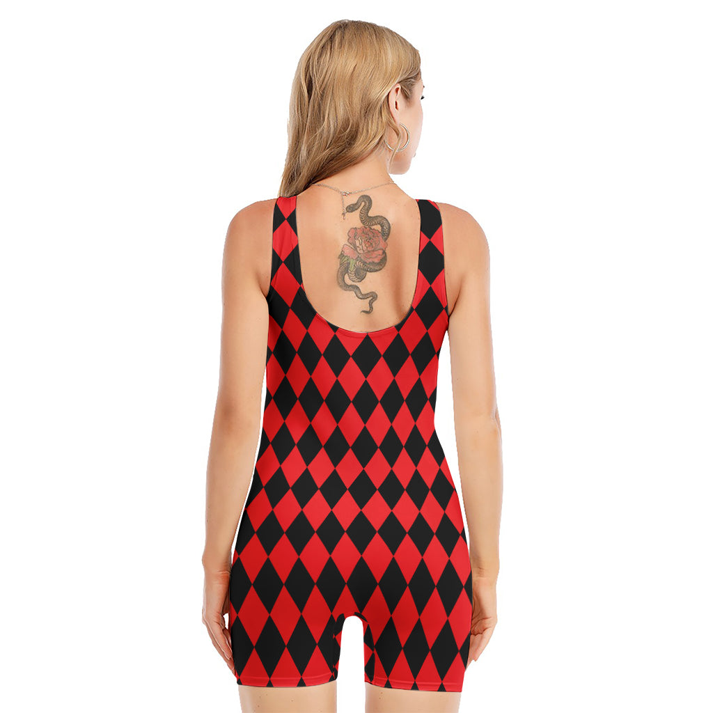 Red And Black Harlequin Pattern Print Sleeveless One Piece Swimsuit