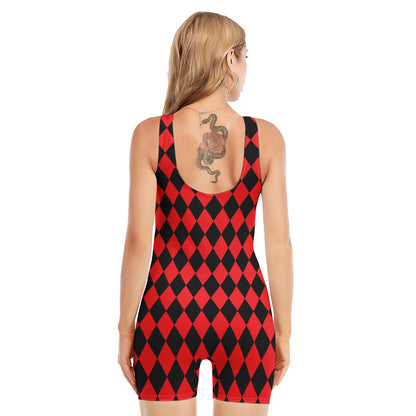 Red And Black Harlequin Pattern Print Sleeveless One Piece Swimsuit