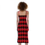 Red And Black Harlequin Pattern Print Slim Fit Midi Cami Dress