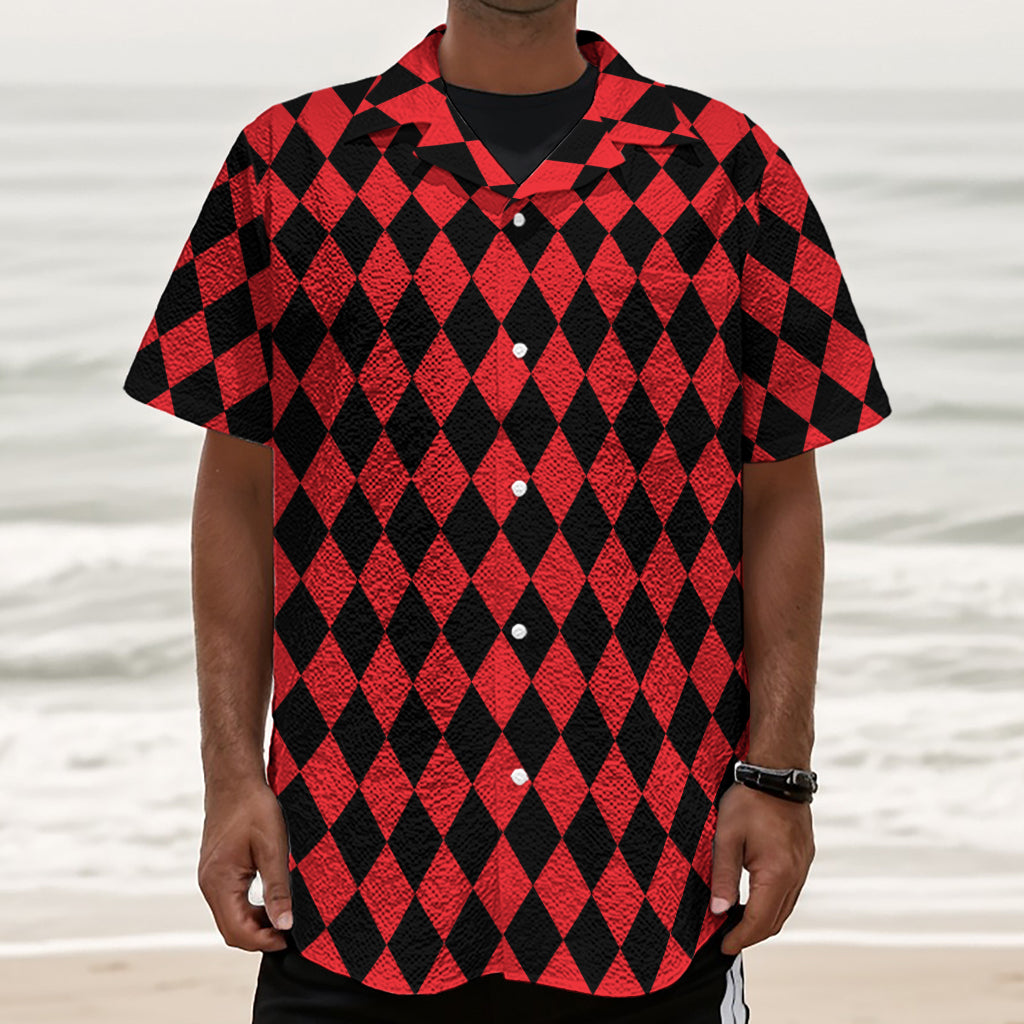 Red And Black Harlequin Pattern Print Textured Short Sleeve Shirt