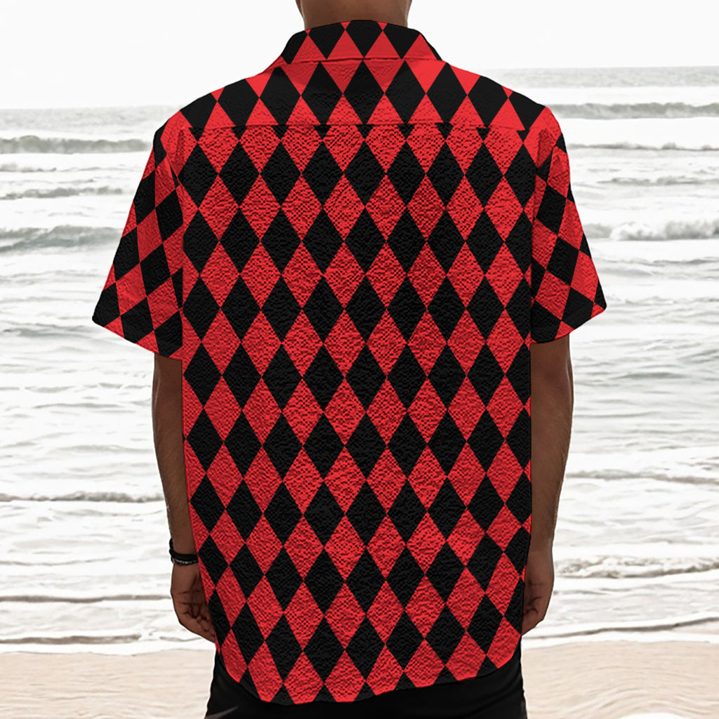 Red And Black Harlequin Pattern Print Textured Short Sleeve Shirt