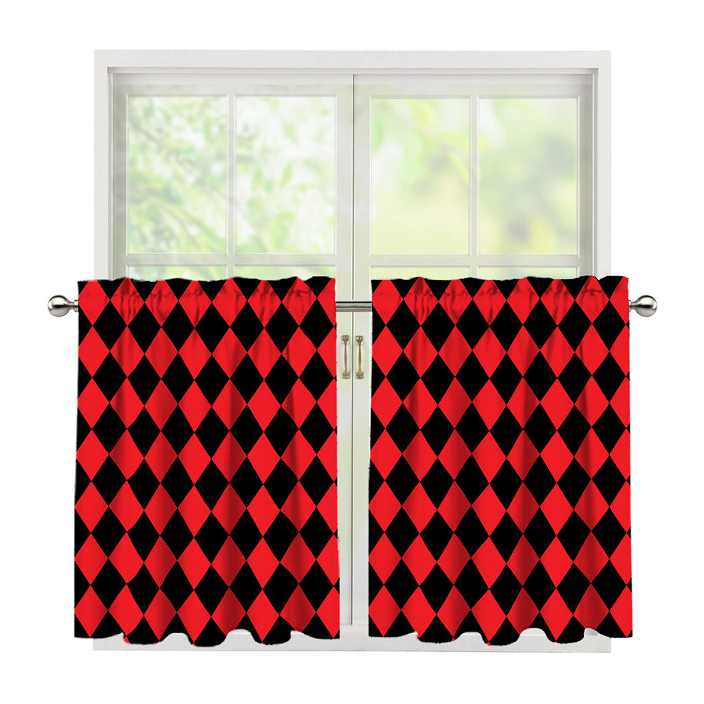 Red And Black Harlequin Pattern Print Tier Curtains