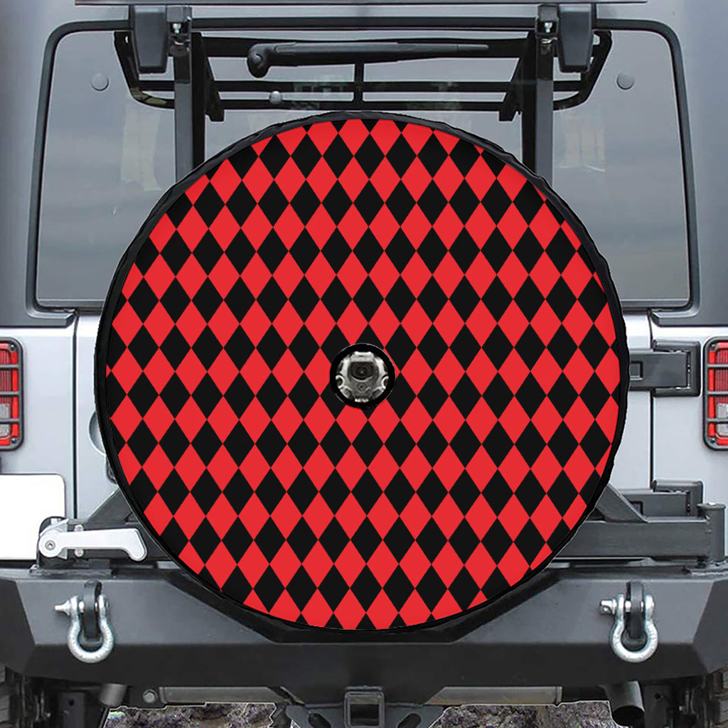 Red And Black Harlequin Pattern Print Tire Cover With Camera Hole