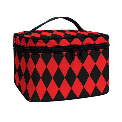 Red And Black Harlequin Pattern Print Travel Makeup Bag