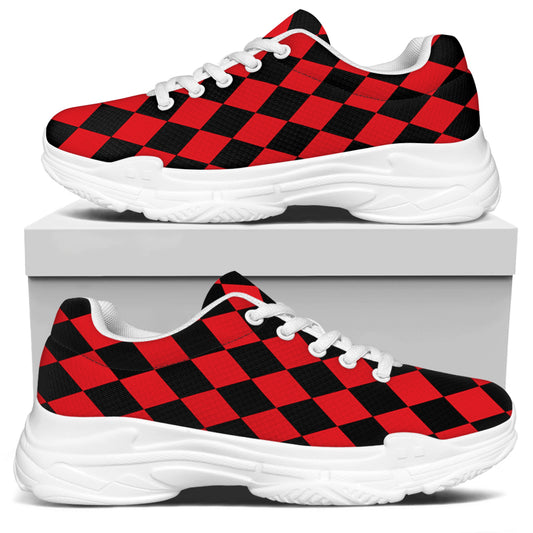 Red And Black Harlequin Pattern Print White Chunky Shoes