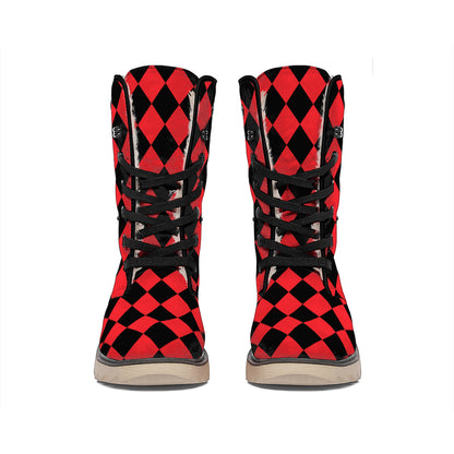 Red And Black Harlequin Pattern Print Winter Boots