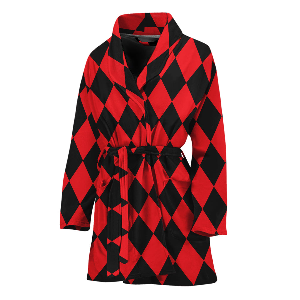 Red And Black Harlequin Pattern Print Women's Bathrobe