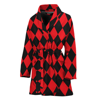 Red And Black Harlequin Pattern Print Women's Bathrobe