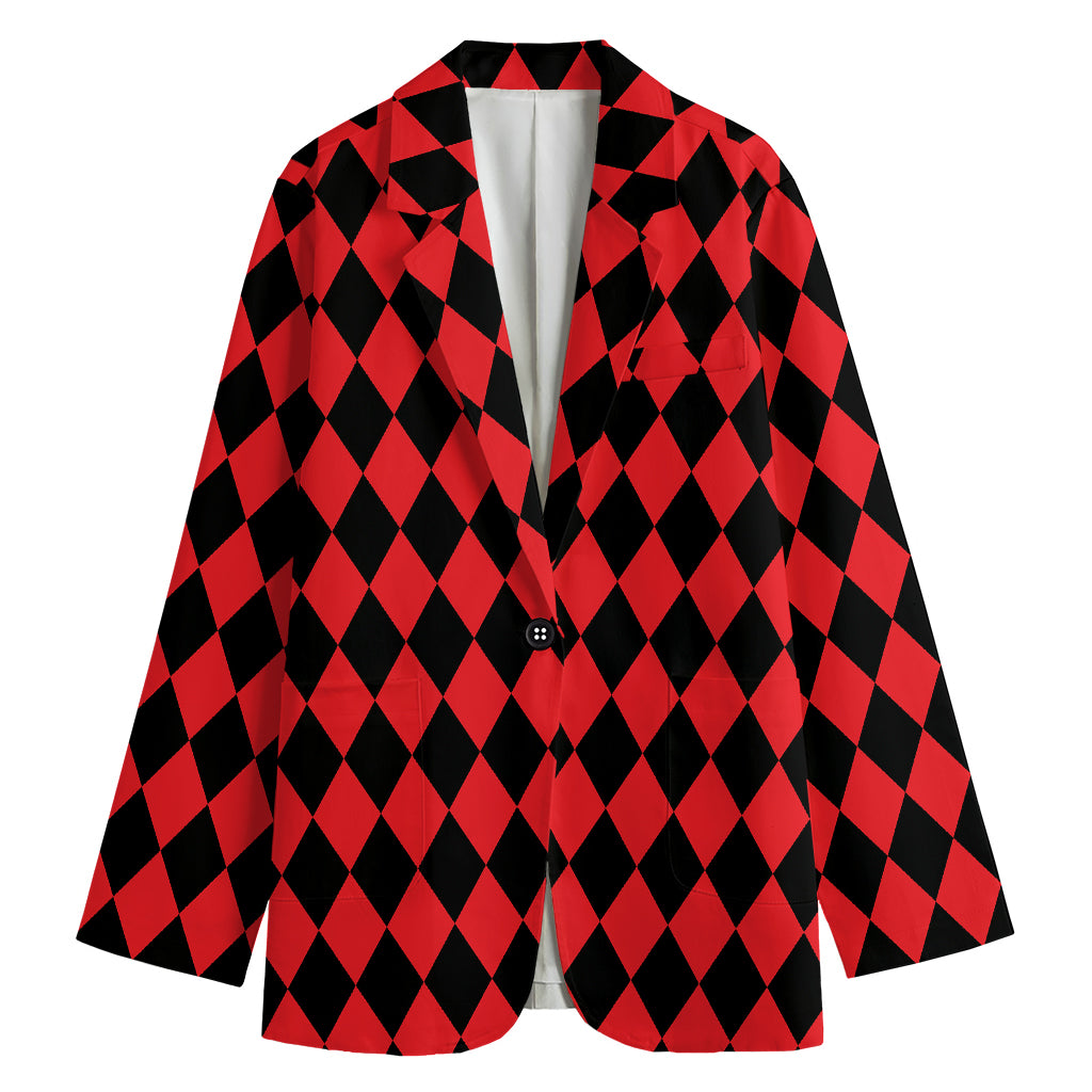Red And Black Harlequin Pattern Print Women's Cotton Blazer