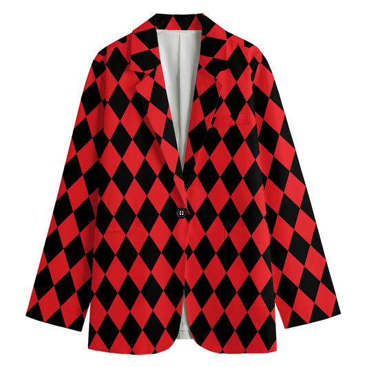 Red And Black Harlequin Pattern Print Women's Cotton Blazer