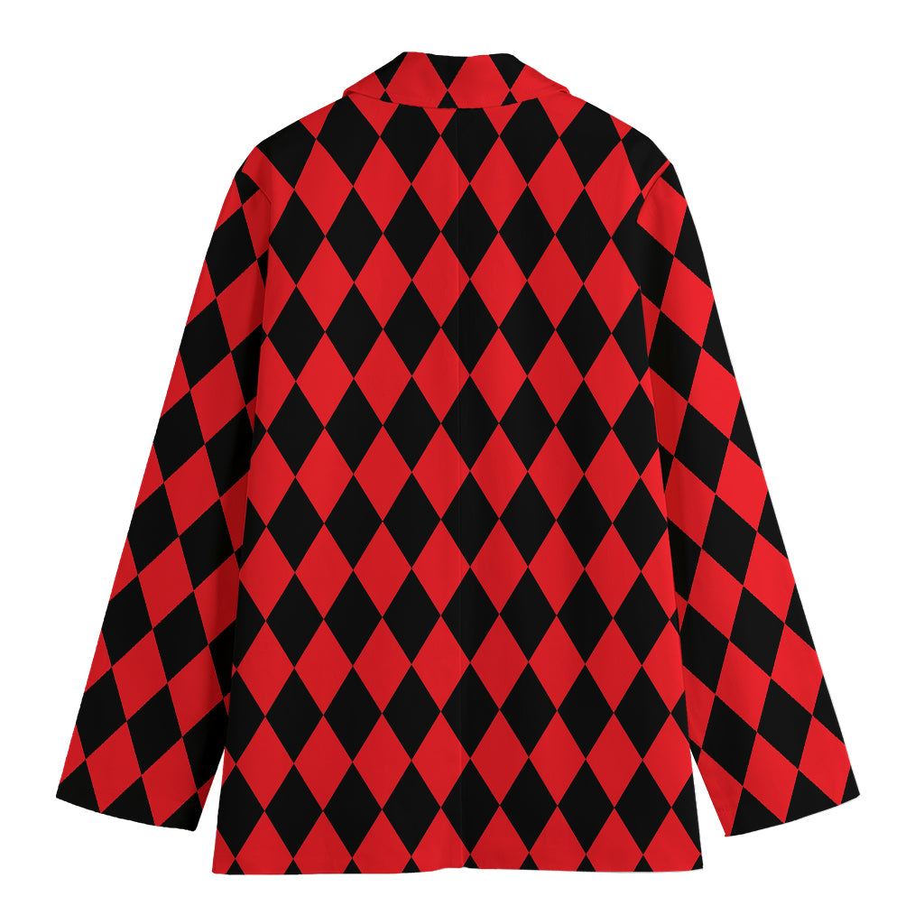 Red And Black Harlequin Pattern Print Women's Cotton Blazer