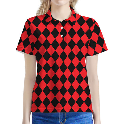 Red And Black Harlequin Pattern Print Women's Polo Shirt