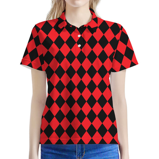 Red And Black Harlequin Pattern Print Women's Polo Shirt