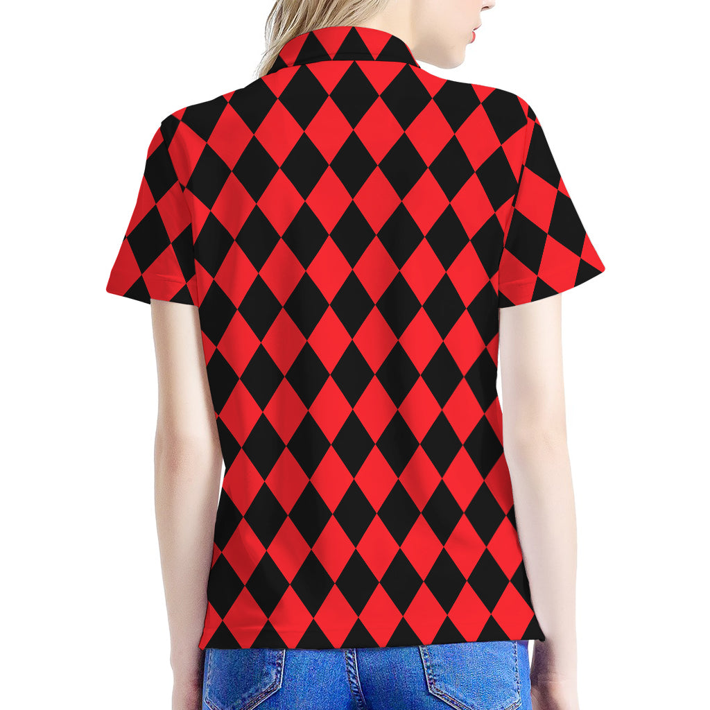 Red And Black Harlequin Pattern Print Women's Polo Shirt