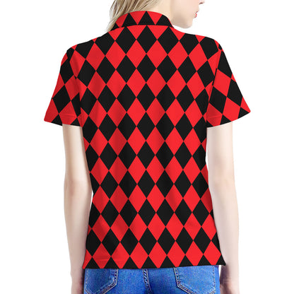 Red And Black Harlequin Pattern Print Women's Polo Shirt