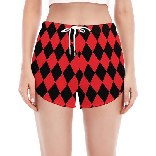 Red And Black Harlequin Pattern Print Women's Split Running Shorts