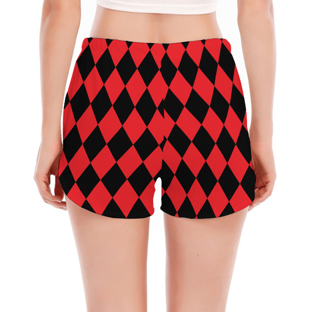 Red And Black Harlequin Pattern Print Women's Split Running Shorts