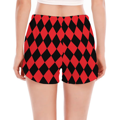 Red And Black Harlequin Pattern Print Women's Split Running Shorts