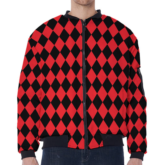 Red And Black Harlequin Pattern Print Zip Sleeve Bomber Jacket