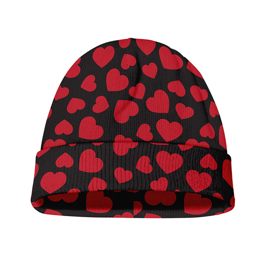 Red And Black Heart Pattern Print Beanie