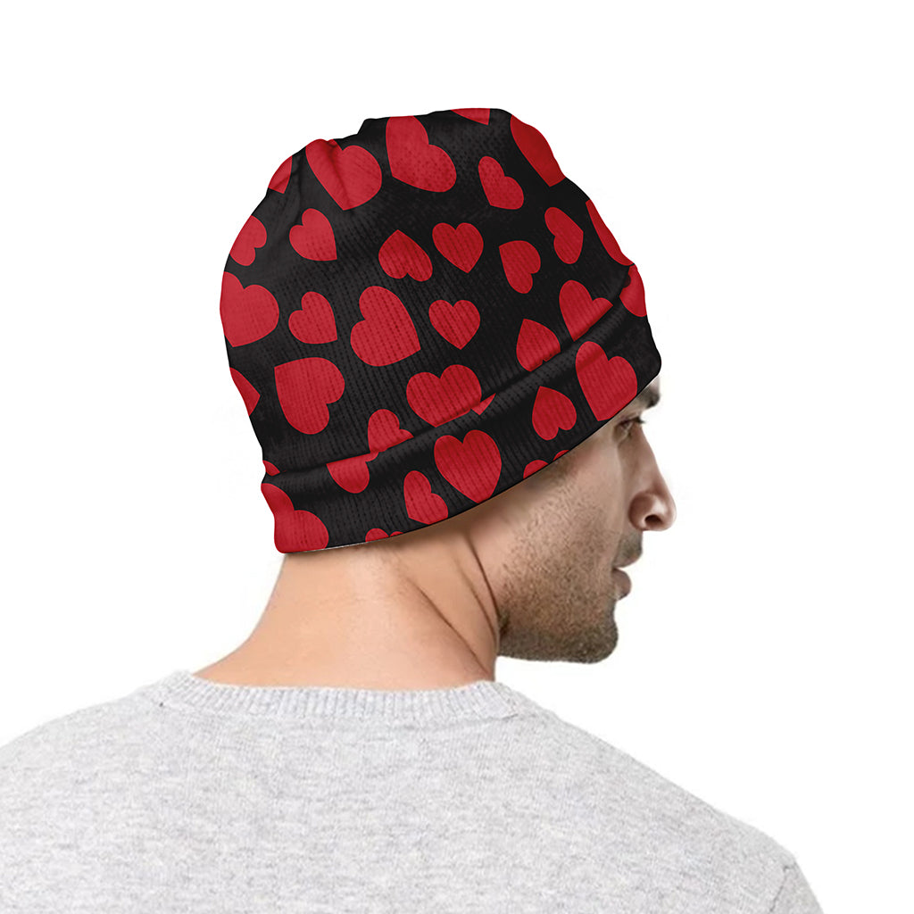 Red And Black Heart Pattern Print Beanie