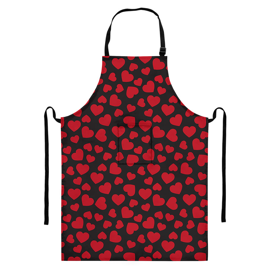 Red And Black Heart Pattern Print Bib Apron With Pocket