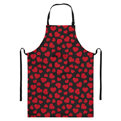 Red And Black Heart Pattern Print Bib Apron With Pocket