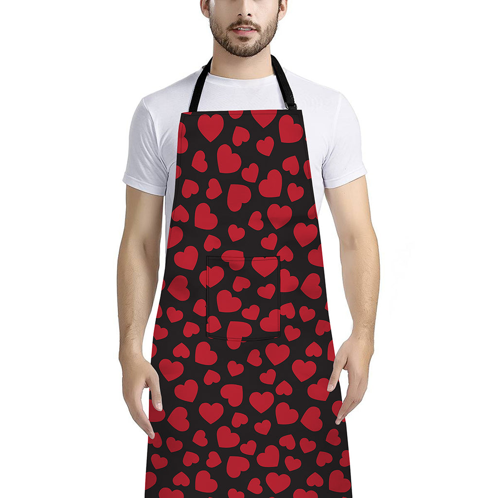 Red And Black Heart Pattern Print Bib Apron With Pocket