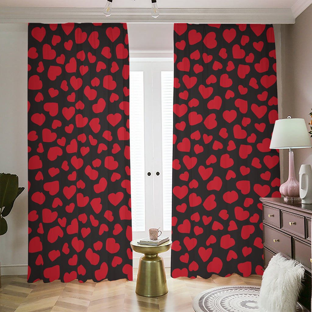 Red And Black Heart Pattern Print Blackout Pencil Pleat Curtains