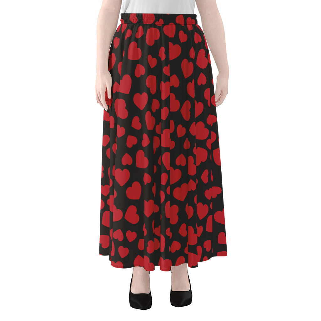 Red And Black Heart Pattern Print Chiffon Maxi Skirt