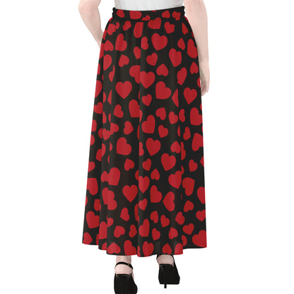 Red And Black Heart Pattern Print Chiffon Maxi Skirt