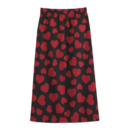 Red And Black Heart Pattern Print Cotton Front Slit Maxi Skirt