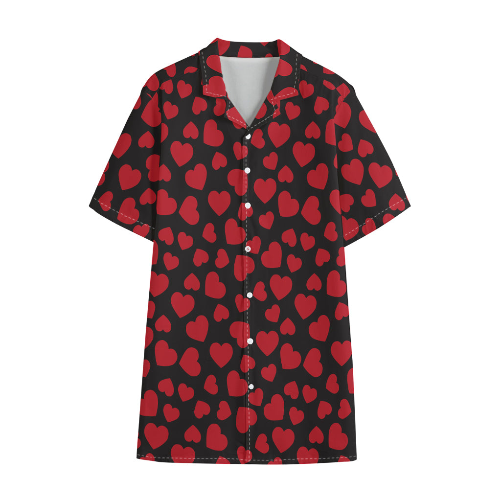 Red And Black Heart Pattern Print Cotton Hawaiian Shirt
