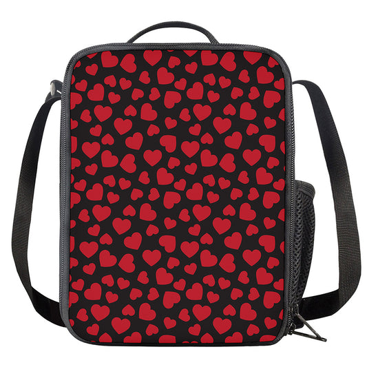Red And Black Heart Pattern Print Crossbody Lunch Bag