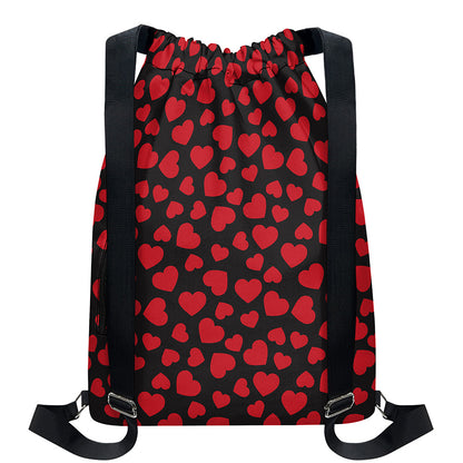 Red And Black Heart Pattern Print Drawstring Backpack