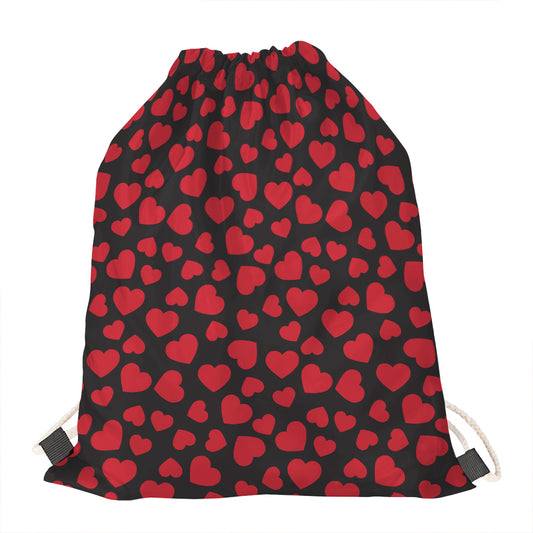 Red And Black Heart Pattern Print Drawstring Bag