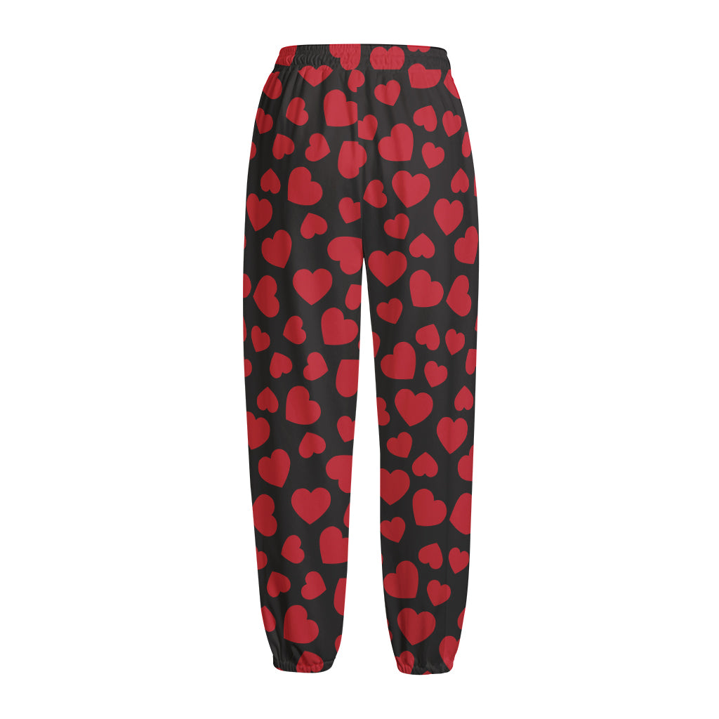 Red And Black Heart Pattern Print Fleece Lined Knit Pants
