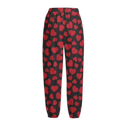 Red And Black Heart Pattern Print Fleece Lined Knit Pants