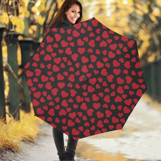 Red And Black Heart Pattern Print Foldable Umbrella