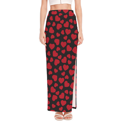 Red And Black Heart Pattern Print High Slit Maxi Skirt
