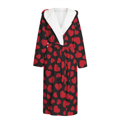 Red And Black Heart Pattern Print Hooded Bathrobe