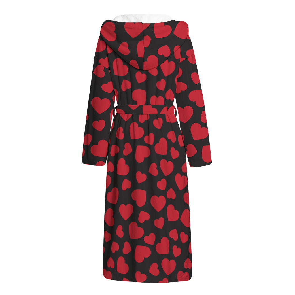 Red And Black Heart Pattern Print Hooded Bathrobe