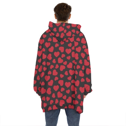 Red And Black Heart Pattern Print Hoodie Blanket