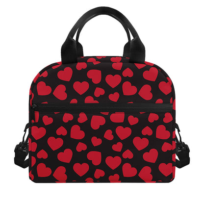 Red And Black Heart Pattern Print Insulated Lunch Bag